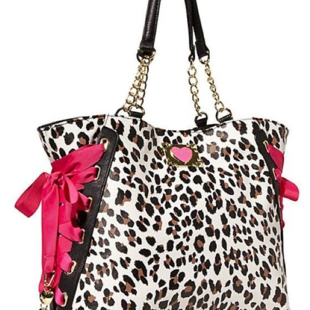 Betsey Johnson Leopard Print Tote with Hot Pink Ribbon and Gold Accents